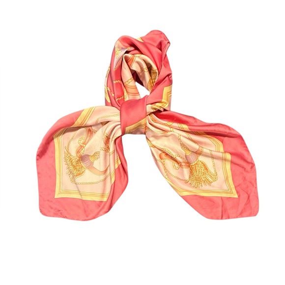Vintage Accessories - Vintage Pink/Gold Silk Hairbrush and Tassel Print Square Scarf Wrap 34x34”